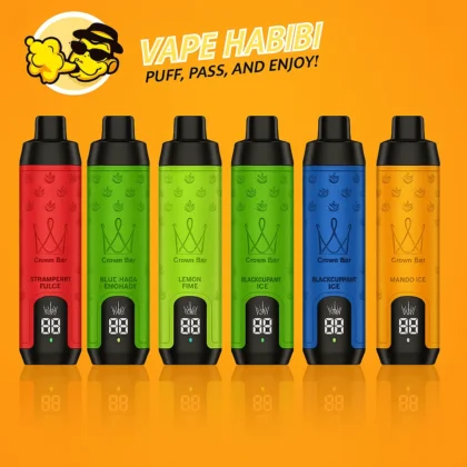 Vape Habibi Crown Bars: Strawberry red, Blue Rasp green, Lemon lime, Blackcurrant blue, Mango Ice orange w/ puff displays, crowns on orange bg.