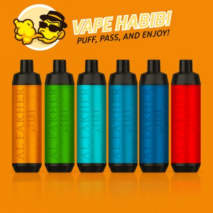 Two Al Fakher Crown Bar 15K vapes with ice cubes and "Vape Habibi" logo on orange.