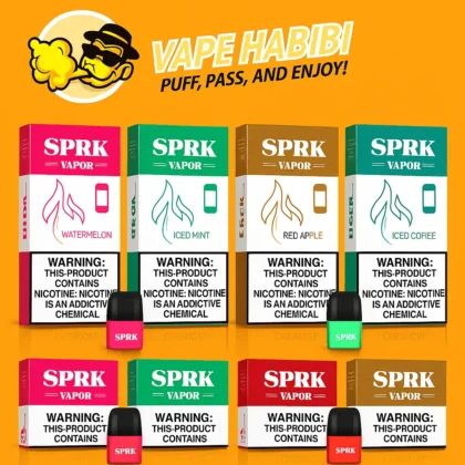 Colorful SPRK VAPOR Pods for Myle V4 Device, 50mg nicotine, 240 puffs, available at Vape Habibi.