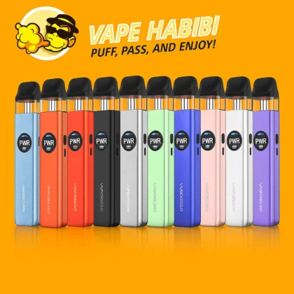 Vaporesso XROS 5 Pod Kits in various colors with circular PWR displays, from Vape Habibi Dubai.