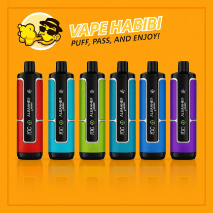 Six glossy Al Fakher 100 disposables by Vape Habibi in red, green, teal, lime, blue, purple; orange promo banner.