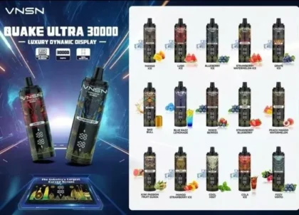 VNSN Quake Ultra 30000 Puffs 50MG Disposable Vape with luxury LED display and various flavors.