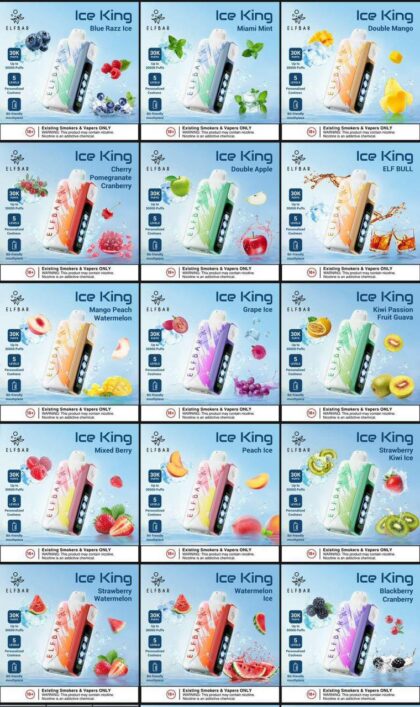 A grid showing various flavor options for the ICE KING 30000 Puffs disposable vape by Elf Bar.