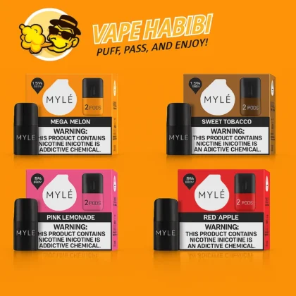 Various flavors of Myle V5 Meta Pods 1600 Puffs in Dubai UAE, including Mega Melon and Red Apple.