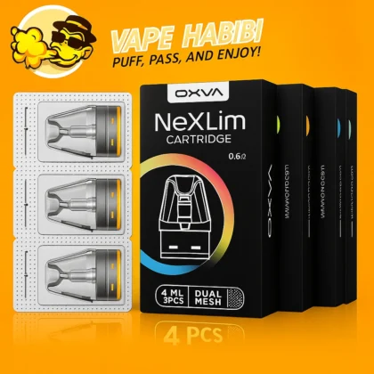 OXVA NeXLim Pod Cartridges (3pcs, 4ml, 0.6 ohm) by Vape Habibi on an orange background.