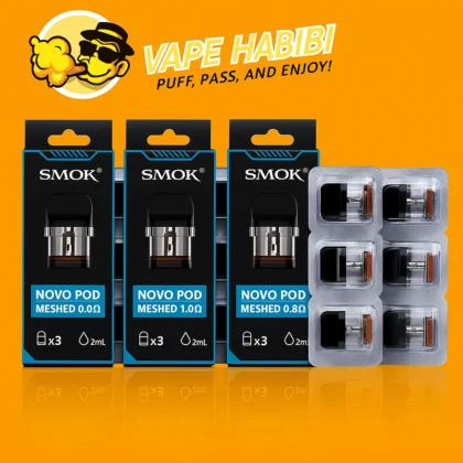 SMOK Novo Meshed Replacement Pods (3-pack, 2ml) in 0.6, 0.8, and 1.0 ohm by Vape Habibi.