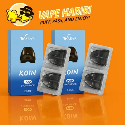 VABAR Koin Replacement Pods (2-pack, 2ml) by Vape Habibi on an orange background.