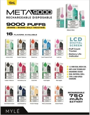 MYLE Meta 9000 Puffs 50mg Nic Long-Lasting disposable vape all flavours by Vape Habibi