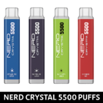 NERD Crystal Disposable Vape 5500 Puffs with 2% Nicotine in blue, black, green, and red.