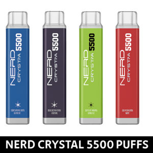 NERD Crystal Disposable Vape 5500 Puffs with 2% Nicotine in blue, black, green, and red.