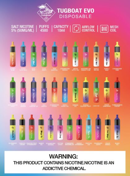 TTUGBOAT EVO 4500 Puffs 50mg Disposable Vape display showing multiple flavors and colors.