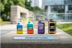  Comparison image showing 12000, 14000, 15000, and 18000 puff vape ranges