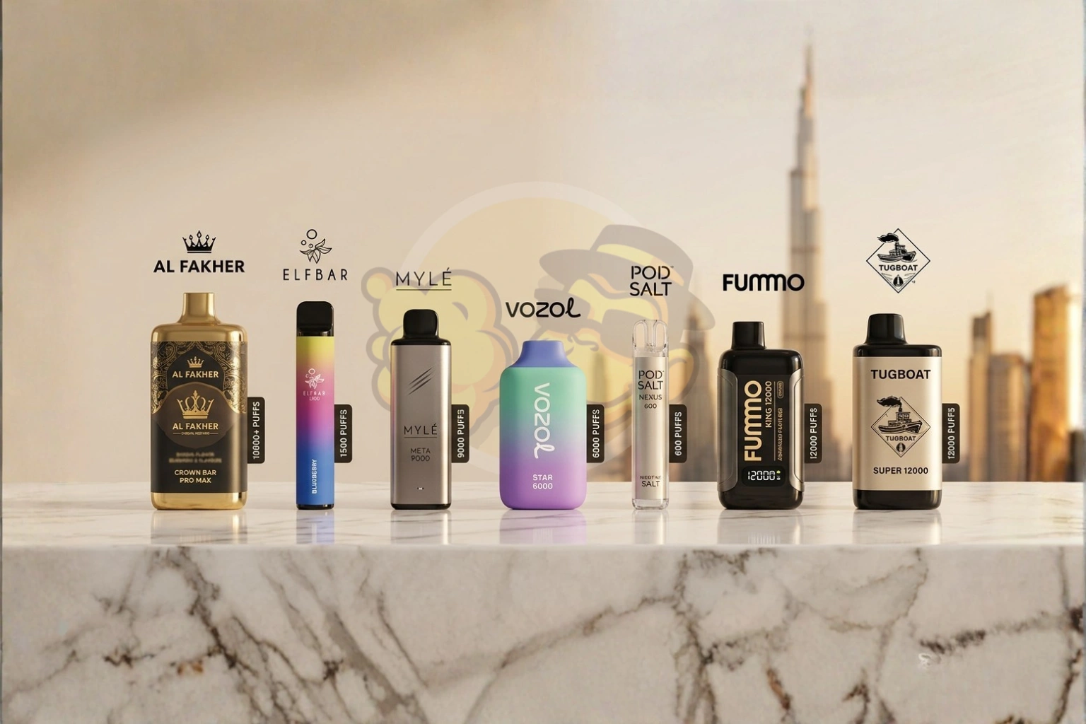 A premium lineup of disposable vape devices with a Dubai inspired background